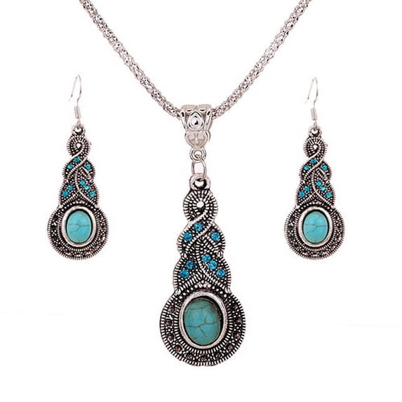 NUZYZ 1Set Women's Turquoise Pendant Rhinestone Earrings Necklace Jewelry Set