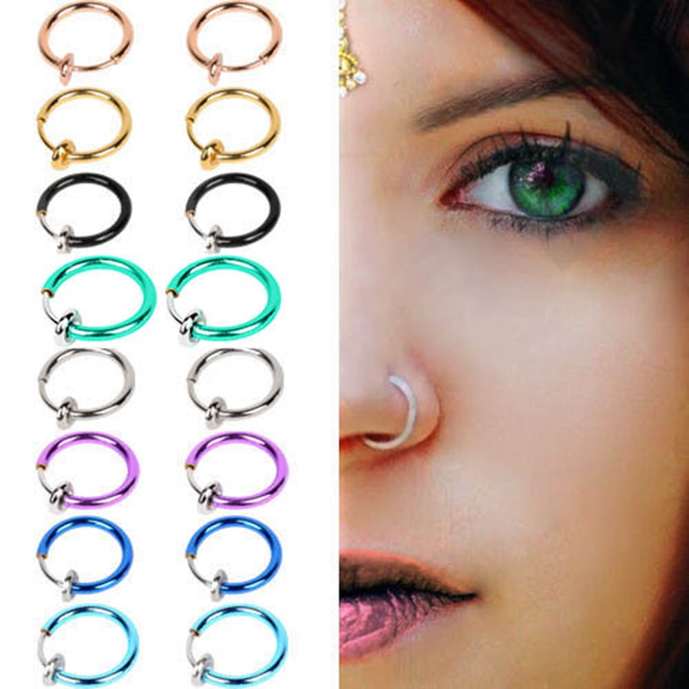 NUZYZ 2 Pcs Fake Clip on Spring Nose Septum Ring Earring Non