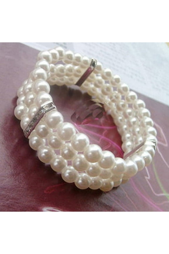 3 Rows Faux Pearl Rhinestone Decor Elastic Stretchy Bangle Bracelet