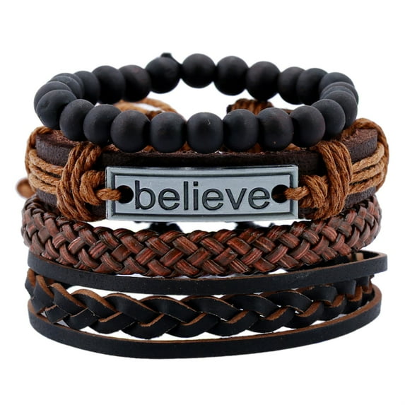 NUZYZ 4Pcs/Set Men Adjustable Faux Leather Braided Rope Believe Letters Beaded Bracelet