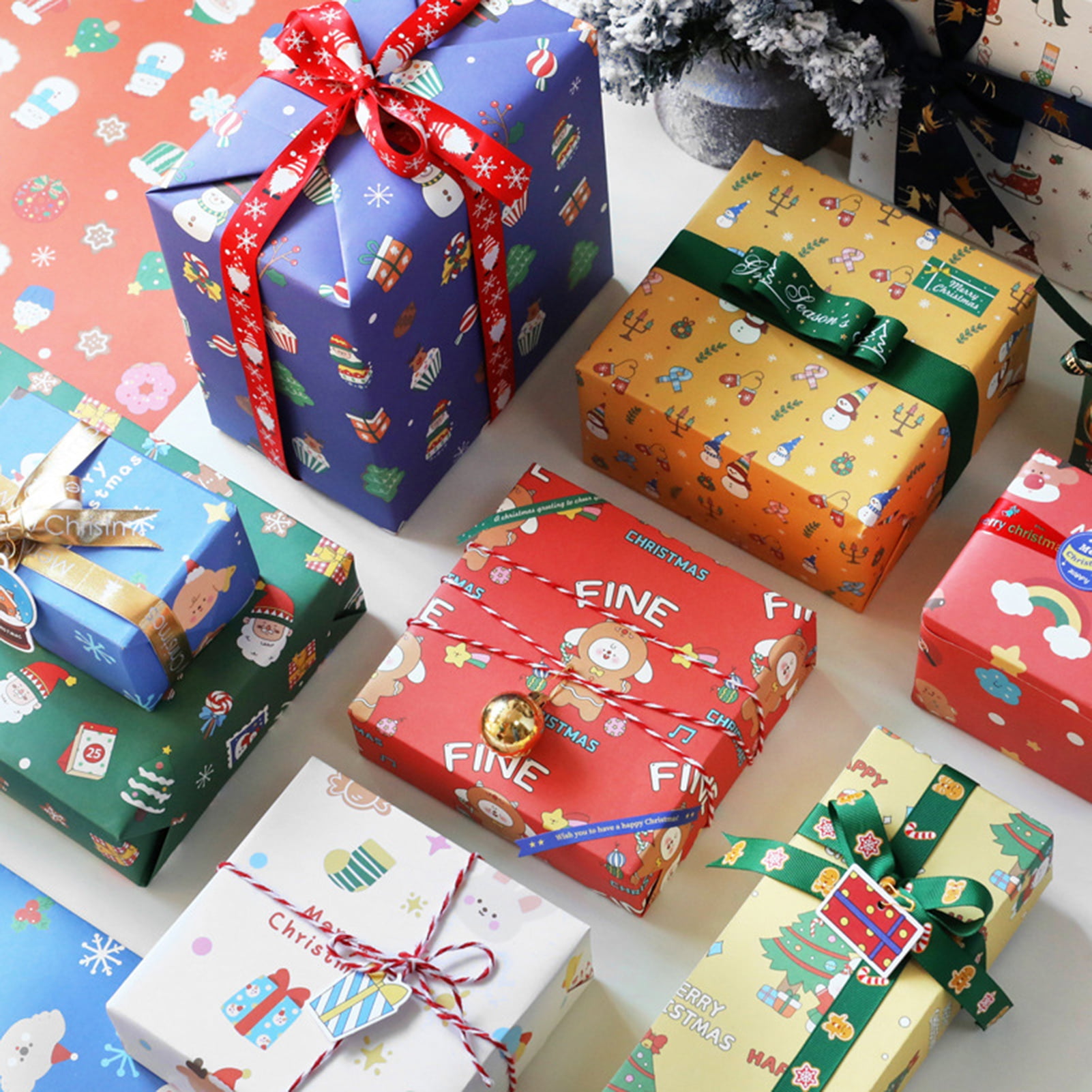 NUZYZ 6Pcs Gift Wrapping Paper Cartoon Bright Color Thicker Rectangle Multipatterns DIY Kraft