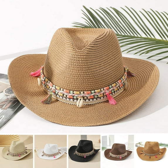 NUZYZ Bohemia Style Straw Hat Tassel Shell Colorful Rope Decor Non-stuffy Unisex Big Brim Sunscreen Jazz Hat Fashion Accessories