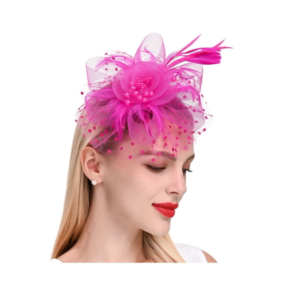 NUZYZ Fascinators Hat with Mesh Veil Flower Faux Pearl Feather Decor Tea Party Headwear Clip Retro Hair Hoop Party Headband