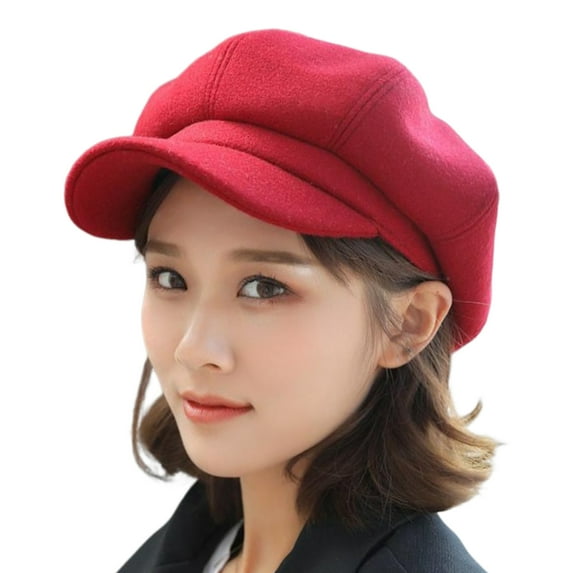 NUZYZ Ladies Beret Short Brim Plush Retro Dome Solid Color Headpiece Lightweight English Style Octagonal Cap Peaked Cap for Shopping Travel Dating ,Red