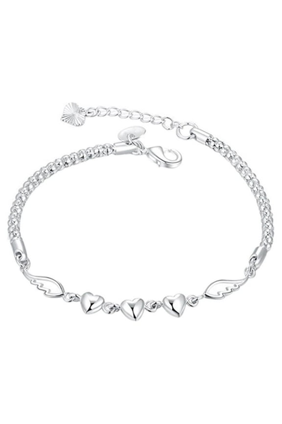 Lady 925 Sterling Silver Charm Heart Wing Bracelet