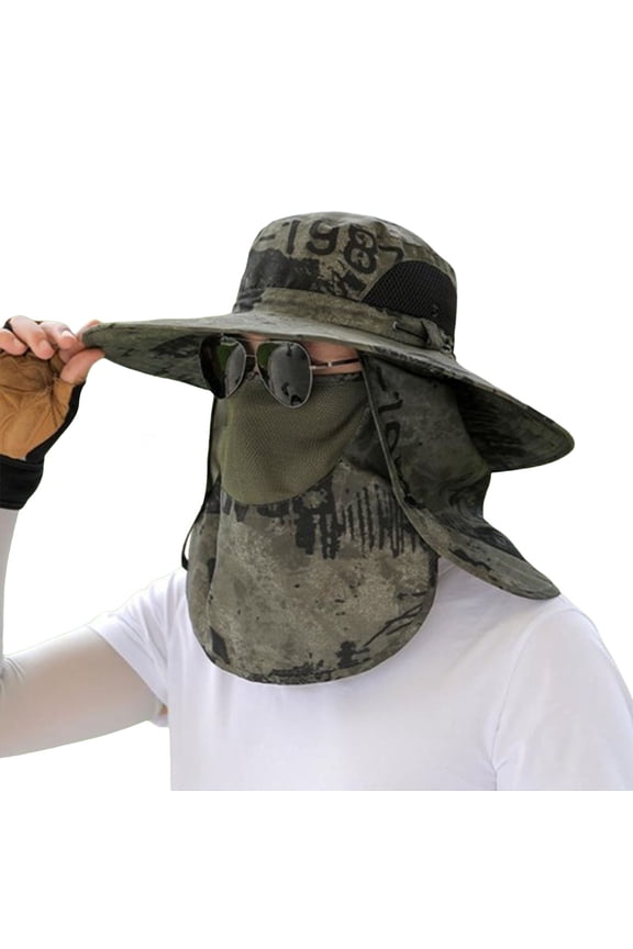 Men Fisherman Hat with Front Cover Large Brim Hollow Mesh Camouflage Print Anti UV Sunlight Quick Dry Great Breathability Outdoor Fishing Travel Cap