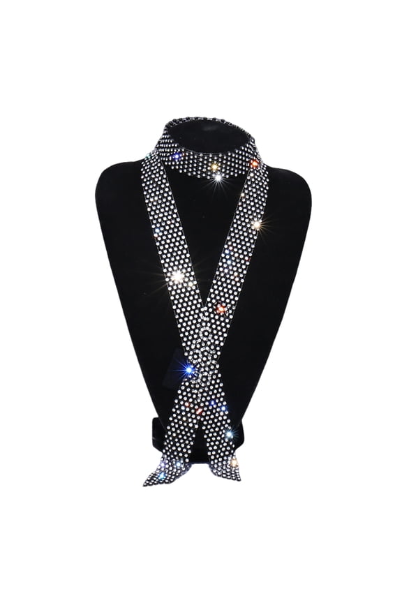 Men Rhinestone Tie Long Adjustable Hollow Out Exquisite Lightweight Dance Stage Show Performance Party Prom Men Necktie ,Black White