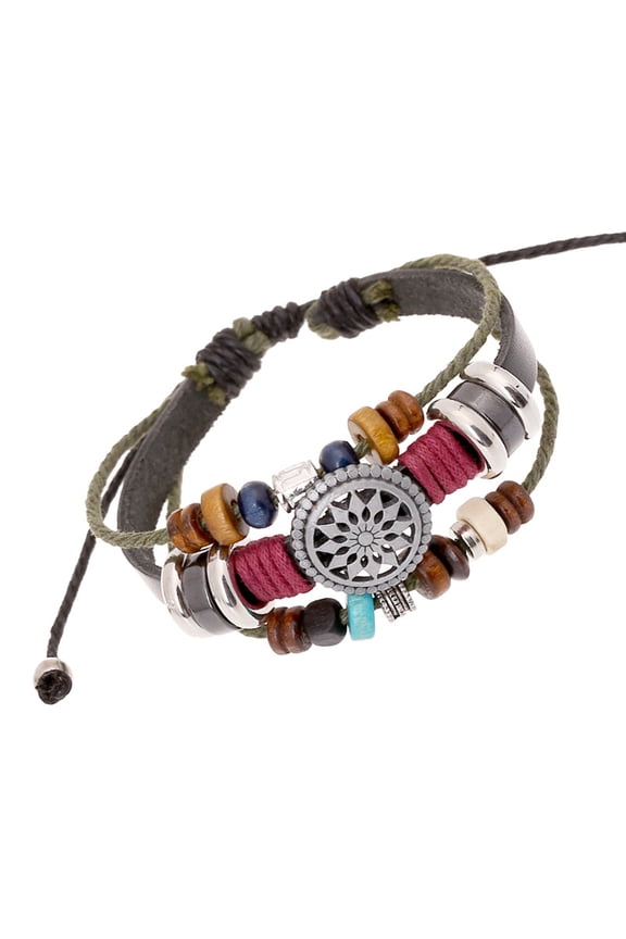 Punk Cowhide Rope Multilayer Alloy Wood Beads Unisex Adjustable Bracelet