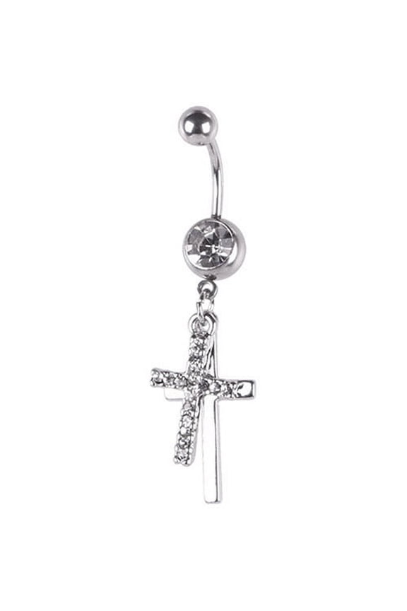 Rhinestone Double Cross Dangle Navel Belly Button Barbell Ring Body Piercing Jewelry