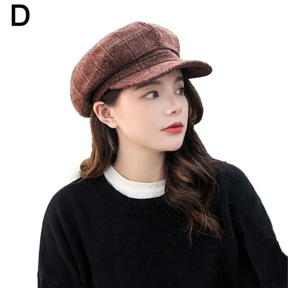 NUZYZ Vintage Men Women Autumn Winter Plaid Warm Beret Hat Wide Brim Octagonal Cap