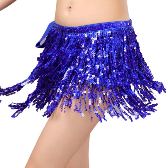NUZYZ Women Belly Dance Skirt Chain Tassel Sequin Double-layer Lace-up Bohemian Clubwear Performance Mini Waist Wrap Latin Dance Practice Short Skirt Hip Waist Scarf