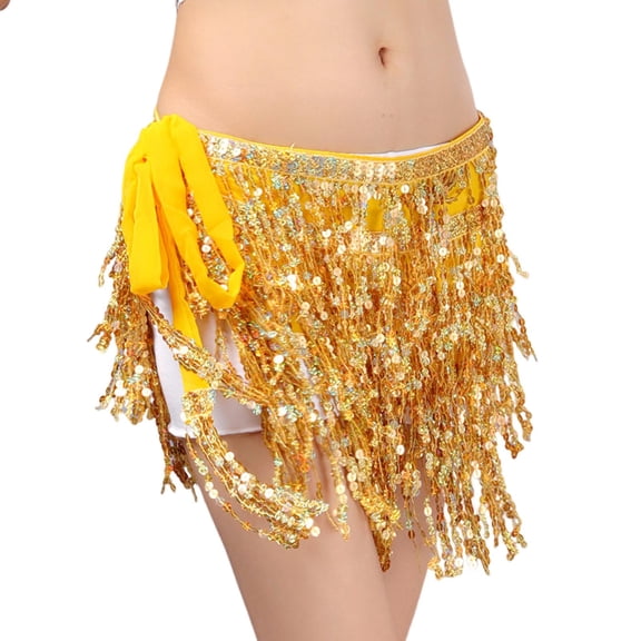 NUZYZ Women Belly Dance Skirt Chain Tassel Sequin Double-layer Lace-up Bohemian Clubwear Performance Mini Waist Wrap Latin Dance Practice Short Skirt Hip Waist Scarf