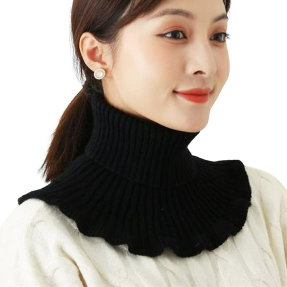 NUZYZ Women Fake Scarf High Collar Ribbed Texture Ruffle Trim Solid Color Knitting Collar Autumn Winter Thickened Warm False Collar,Black