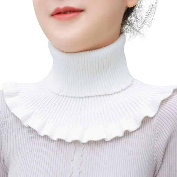 NUZYZ Women Fake Scarf High Collar Ribbed Texture Ruffle Trim Solid Color Knitting Collar Autumn Winter Thickened Warm False Collar,White