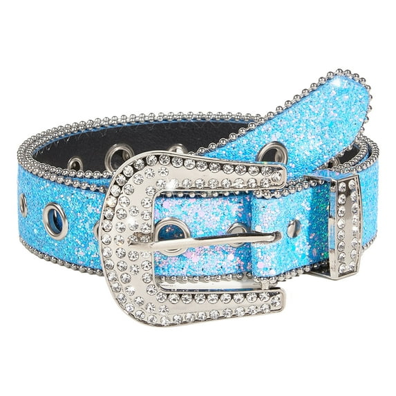 NUZYZ Women Jeans Belt Shiny Rhinestones Multi Holes Adjustable Length Waistband with Sparkling Buckle Wide Alloy Belt