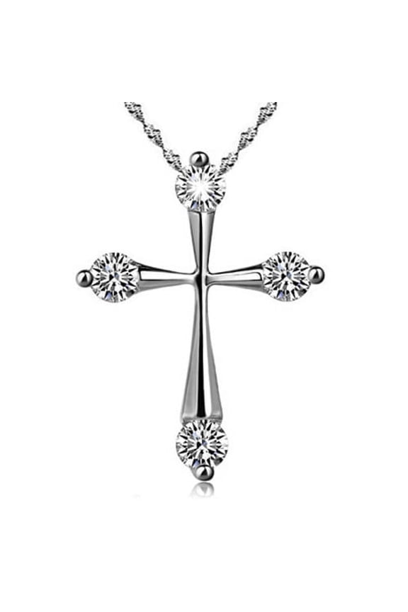 Women Silver Plated Cross CZ Pendant Necklace Wedding Jewelry Gift