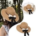thumbnail image 1 of NUZYZ Women Straw Hat Contrast Color Bow-knot Decor Hollow Out Wide Brim Round Sun Protection Decorative Flower Embroidery Lady Sun Hat Headwear, 1 of 8