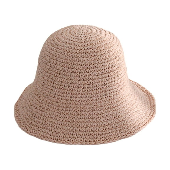 NUZYZ Women Summer Solid Color Woven Straw Bucket Sun Hat Foldable Wide Brim Hollow Breathable Sunscreen Beach Hat