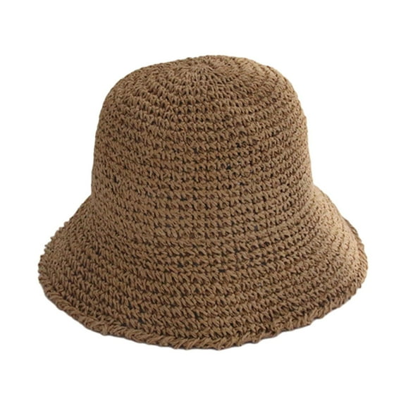 NUZYZ Women Summer Solid Color Woven Straw Bucket Sun Hat Foldable Wide Brim Hollow Breathable Sunscreen Beach Hat