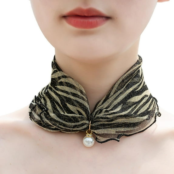 NUZYZ Women Sunscreen Neck Collar Faux Pearl Decor Organza Chiffon Scarf Printing Sheer Trim Loop Scarf Neck Accessory