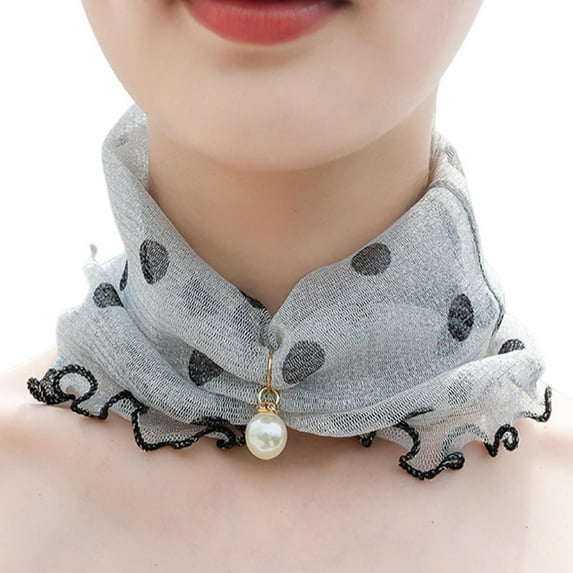 NUZYZ Women Sunscreen Neck Collar Faux Pearl Decor Organza Chiffon Scarf Printing Sheer Trim Loop Scarf Neck Accessory