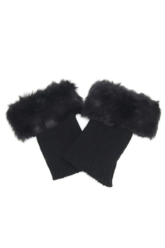 Women Winter Solid Color Short Knit Leg Warmers Boot Socks Toppers Fluffy Cuffs Black