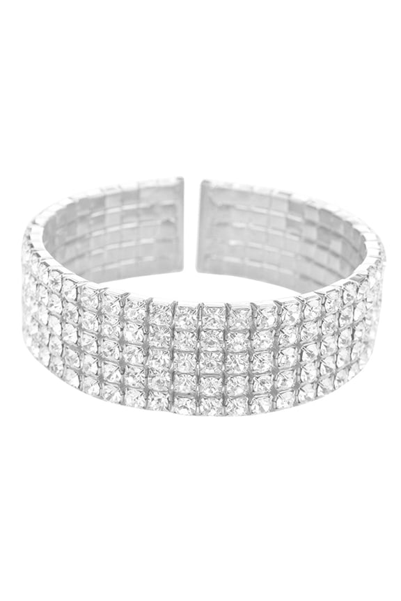 Women's 5 Rows Clear Rhinestone Wide Bracelet Cuff Open Bangle Bridal Jewelry