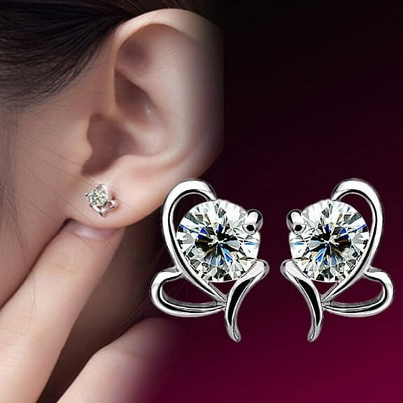 NUZYZ Women's Fashion 925 Sterling Silver Heart Round Zircon Ear Stud Earrings Jewelry