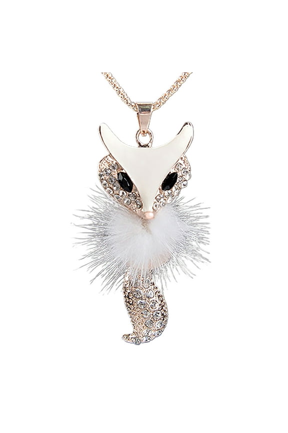 Women's Rhinestone Faux Fur Fox Pendant Long Necklace Jewelry