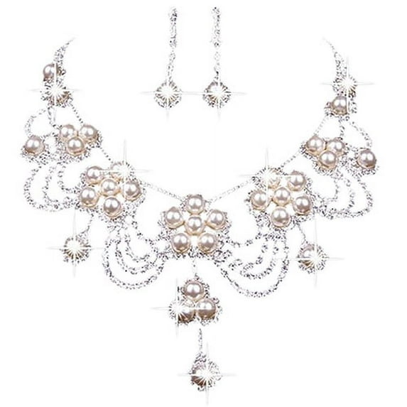 NUZYZ Women'sRhinestone Faux Pearl Necklace Earring Wedding Bridal Jewelry Set