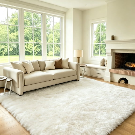 ONUZZLY Solid-Color Cream Polyester Fluffy Shag Living Room Area Rug, 8' x 10', Non-Slip Backing