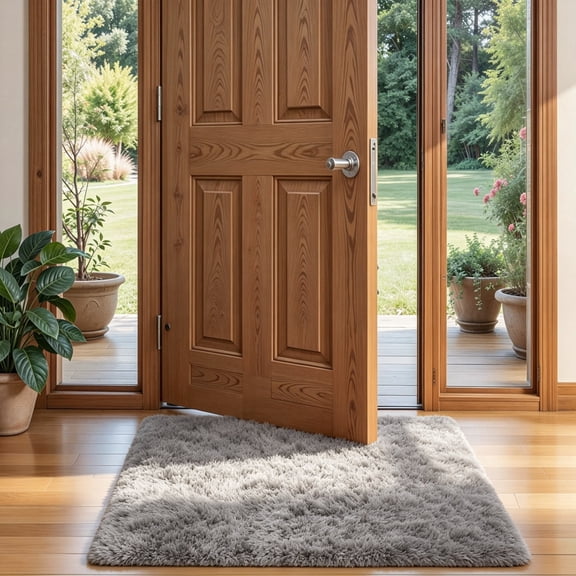 ONUZZLY Solid-Color Grey Polyester Fluffy Shag Entryway Doormat Rug, 2' x 3', Non-Slip Backing