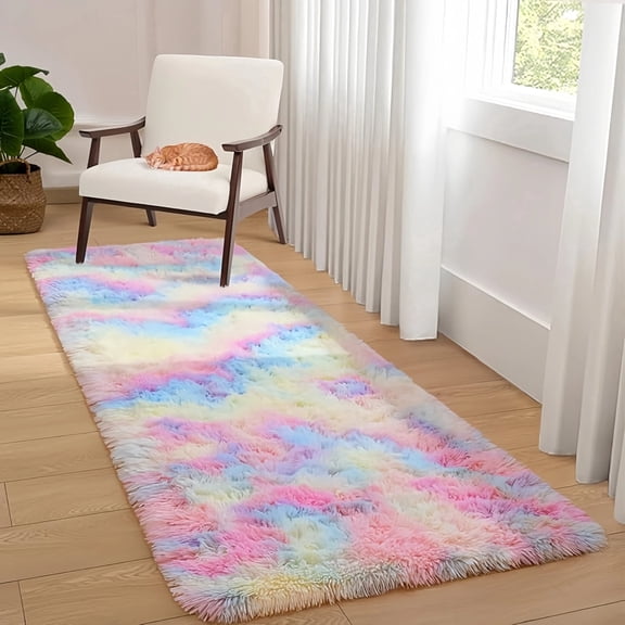 ONUZZLY Tie-Dye Rainbow Polyester Fluffy Shag Runner Rug, 2' x 6', Non-Slip Backing