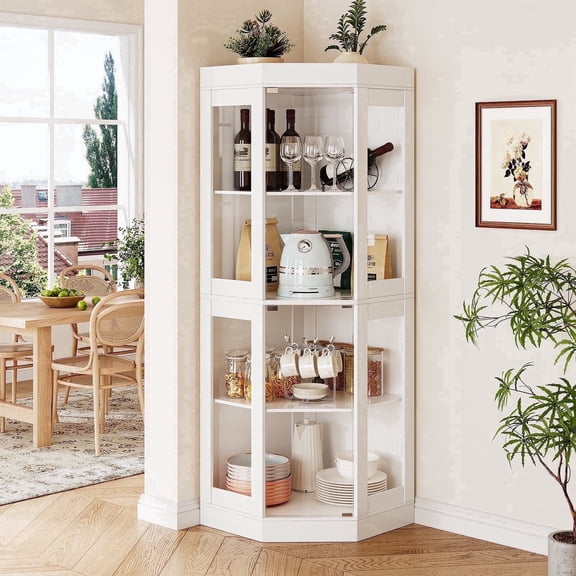 NVCODSA 70'' Tall Corner Cabinet with Glass Doors, Modern Display Cabinet for Kitchen, Living Room, White