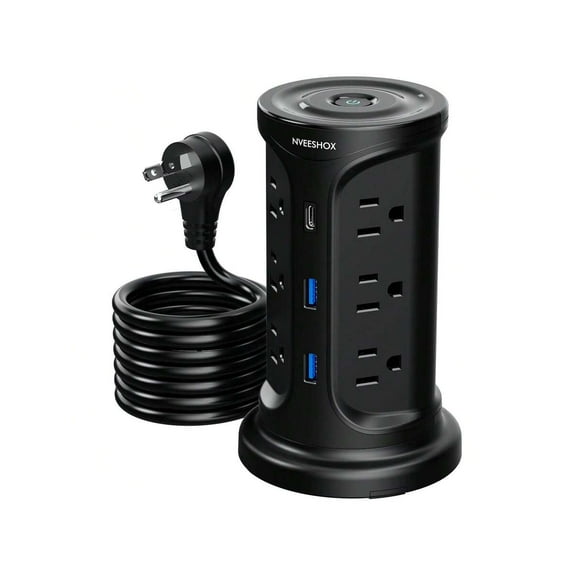 NVEESHOX Surge Protector Power Strip Tower With 4 USB Ports (Type-C), Outlet Extender Extension Cable 6.5 Ft, 1080 Joules, 12 AC Outlets, Flat Plug, Screw Wall Mounted, Suitable For Dorm Home Office