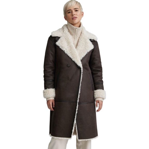NVLT ESPRESSO Women's Shearling Double Breasted Long Coat, US Large