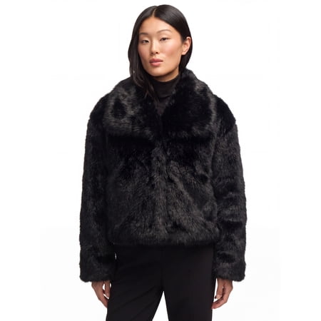 Novelti Womens Cropped Faux Fur Coat with Oversized Collar