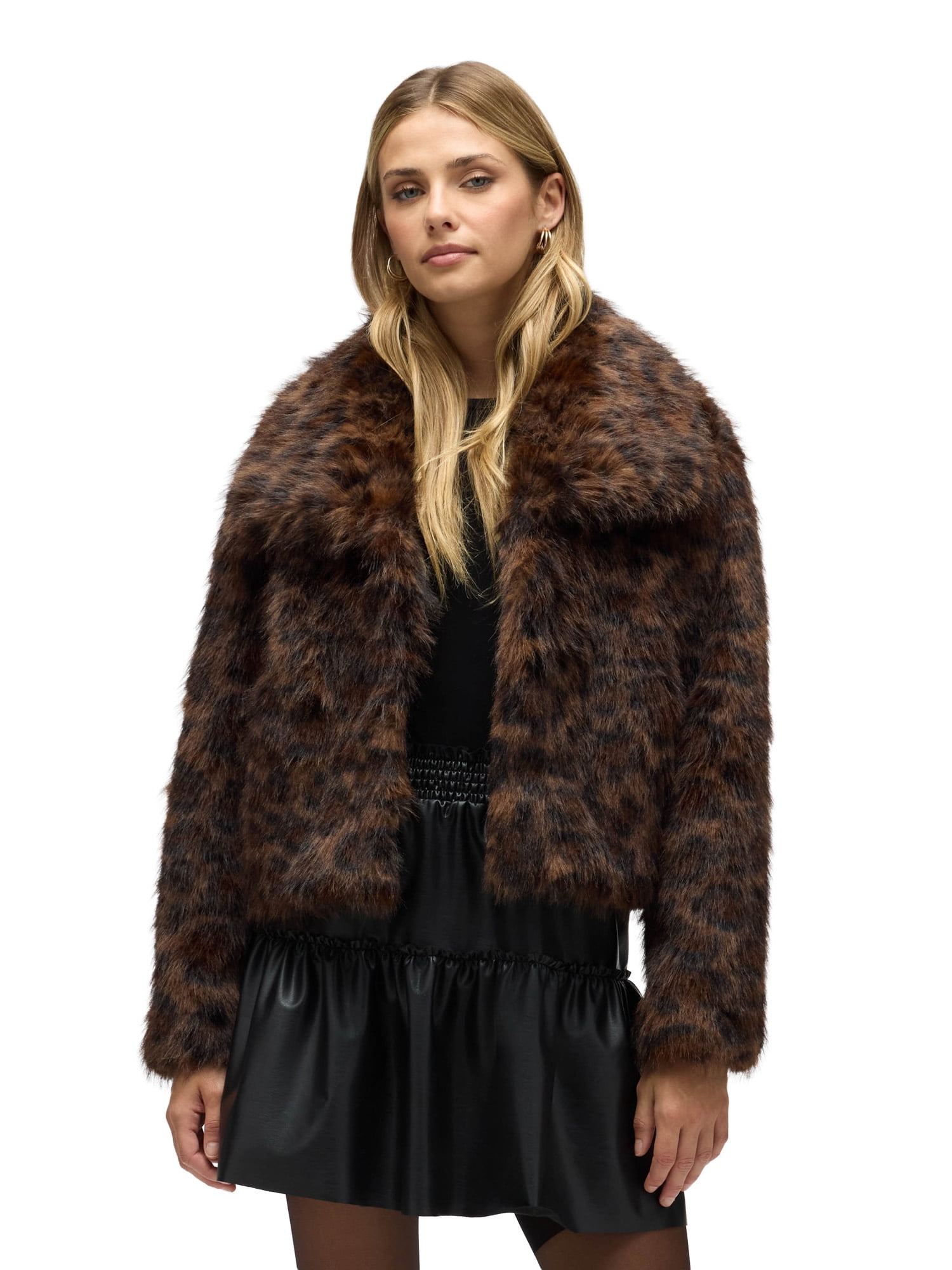Womens Cropped Faux Fur Coat with Oversized Collar