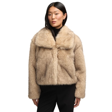 Novelti Womens Cropped Faux Fur Coat with Oversized Collar