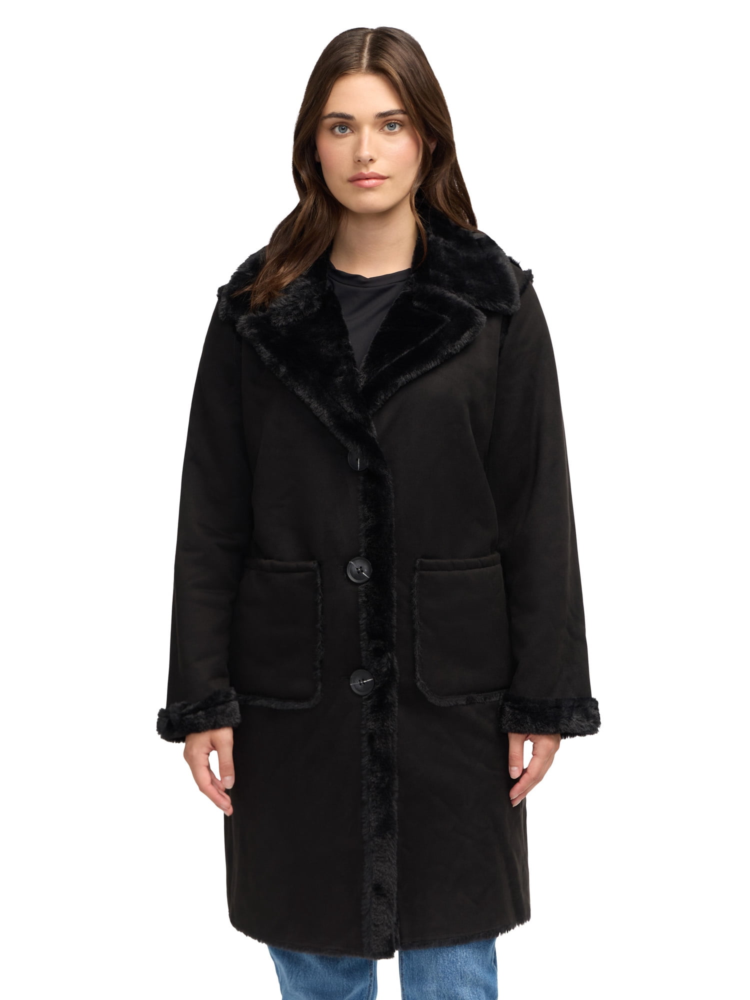 Womens Faux Shearling Longline Jacket With Notch Collar