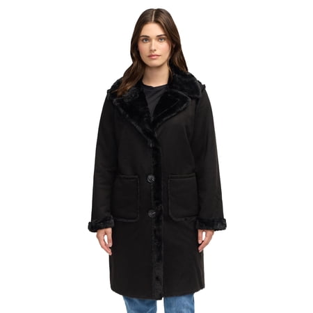 Novelti Womens Faux Shearling Longline Jacket With Notch Collar