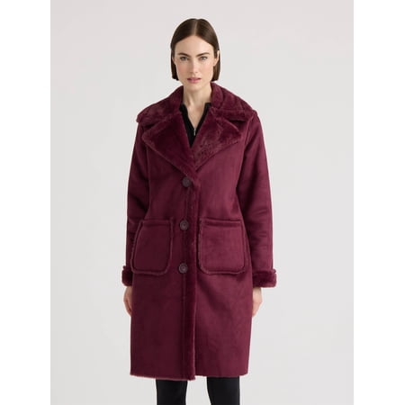 Novelti Womens Faux Shearling Longline Jacket With Notch Collar