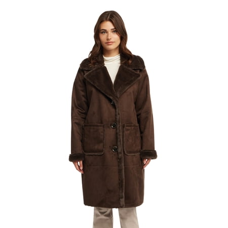 Novelti Womens Faux Shearling Longline Jacket With Notch Collar