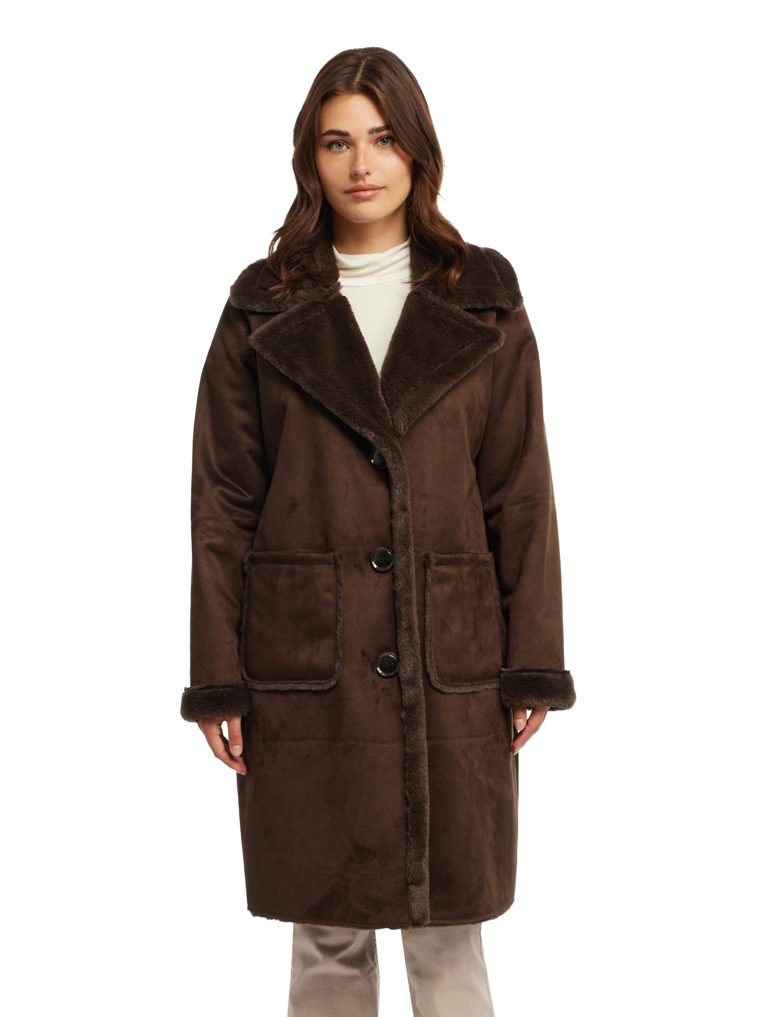 Womens Faux Shearling Longline Jacket With Notch Collar