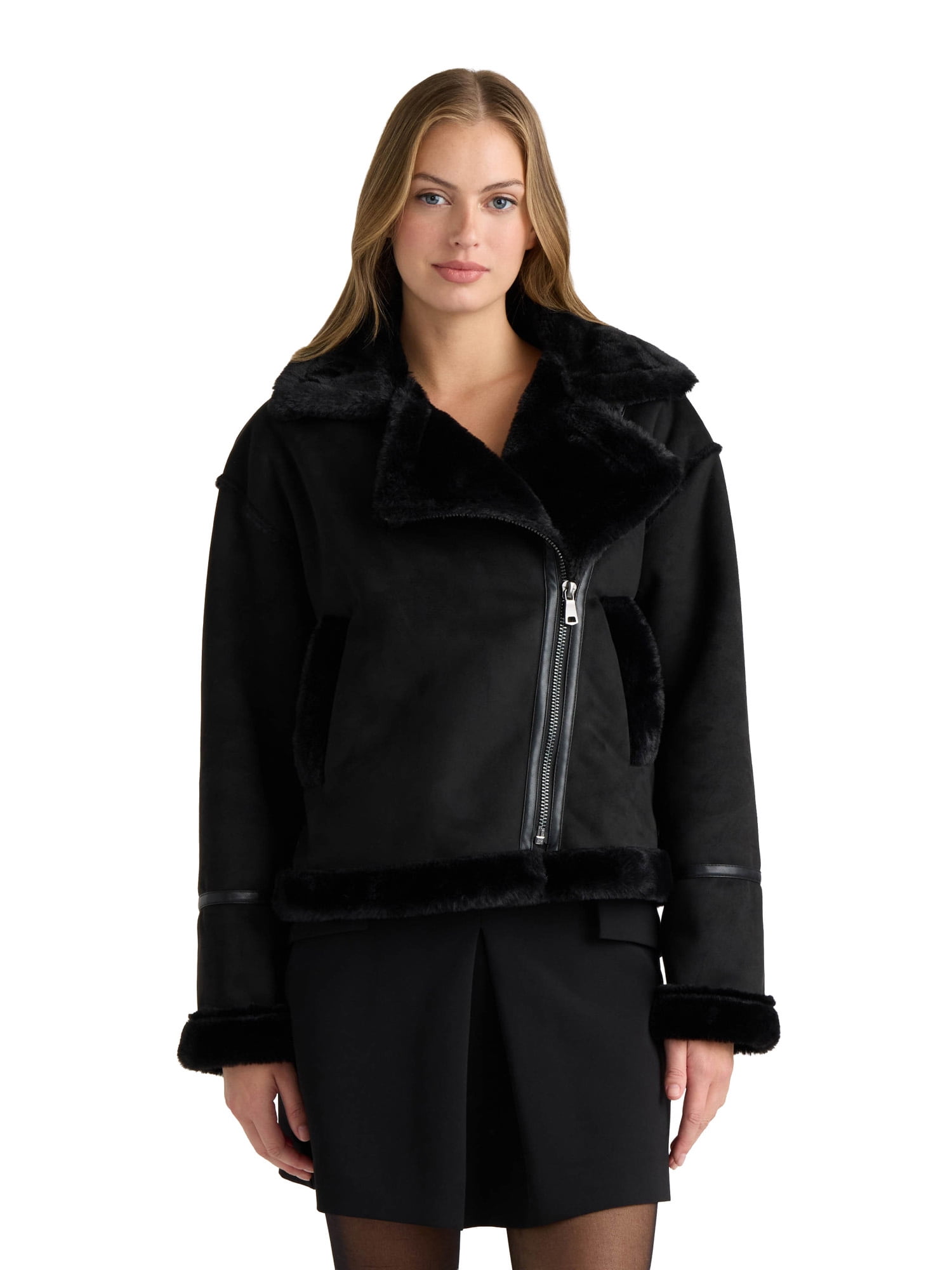 NOVELTI Womens Faux Shearling Short Zip Up Biker Jacket