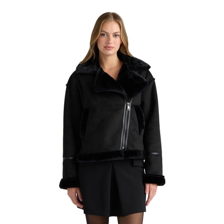 Novelti Womens Faux Shearling Short Zip Up Biker Jacket