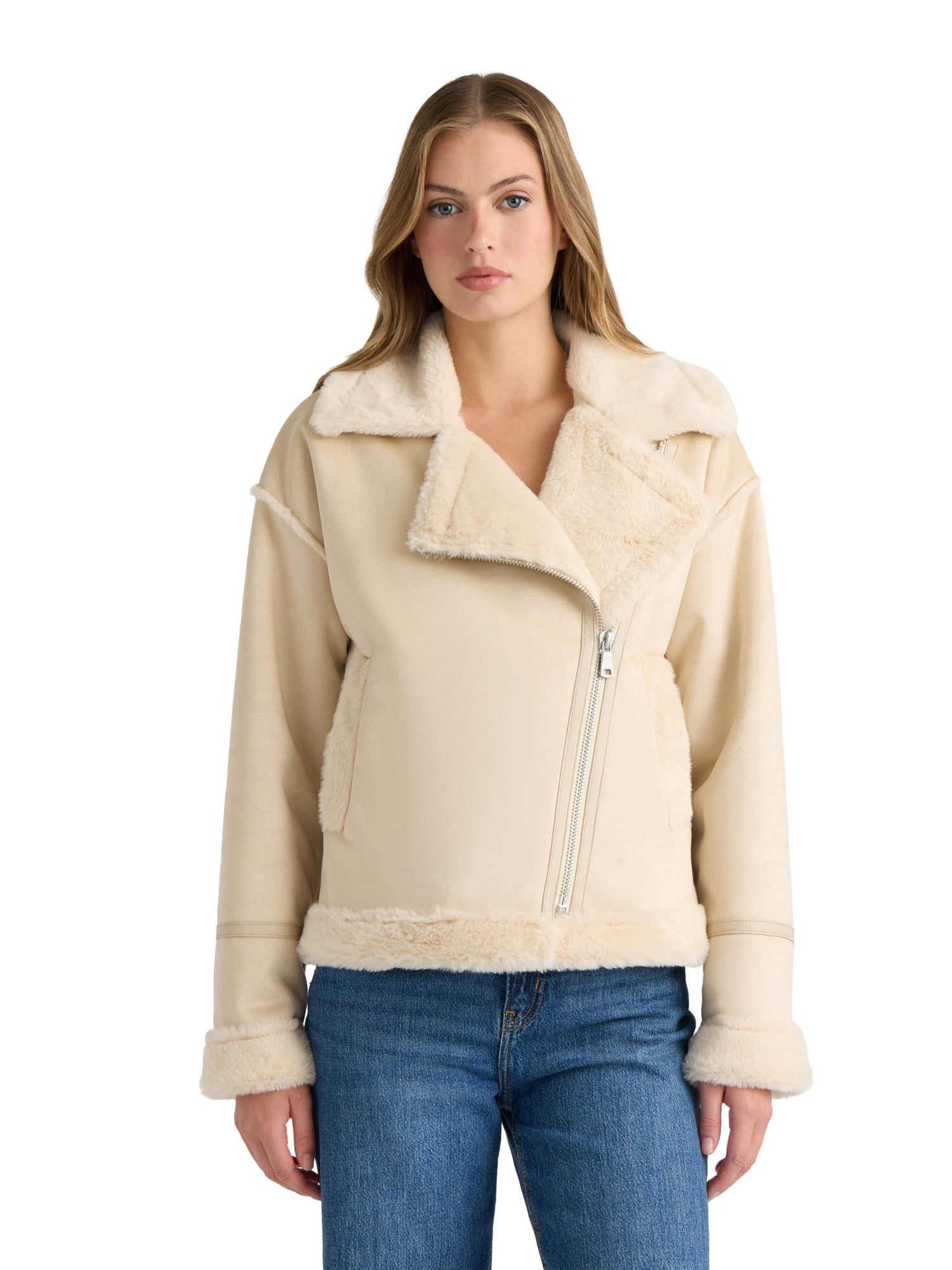 NOVELTI Womens Faux Shearling Short Zip Up Biker Jacket
