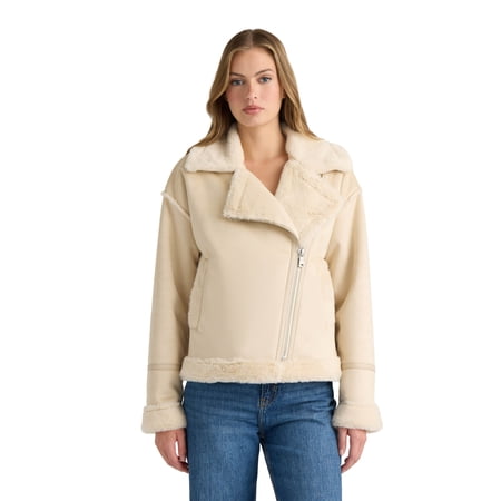Novelti Womens Faux Shearling Short Zip Up Biker Jacket