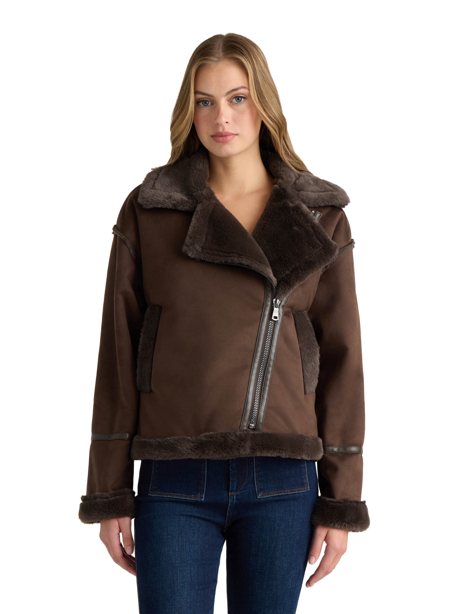 NOVELTI Womens Faux Shearling Short Zip Up Biker Jacket