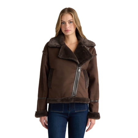 Novelti Womens Faux Shearling Short Zip Up Biker Jacket